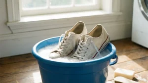 重曹を使って靴をつけおき洗いしている様子