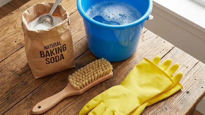 バケツと重曹、計量スプーンを準備している様子