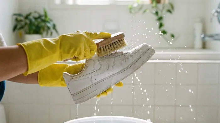 靴を重曹水につけおきし、ブラシで洗う一連のステップ