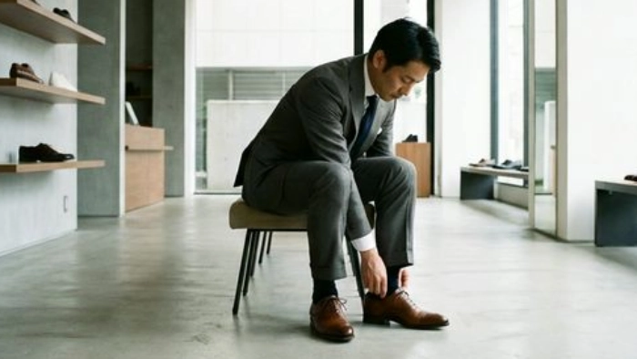 靴屋で革靴を試着してサイズを確認する男性
