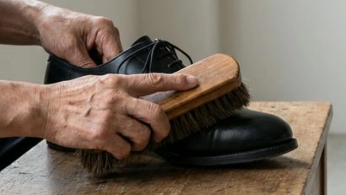 購入直後の革靴をブラシで手入れする様子
