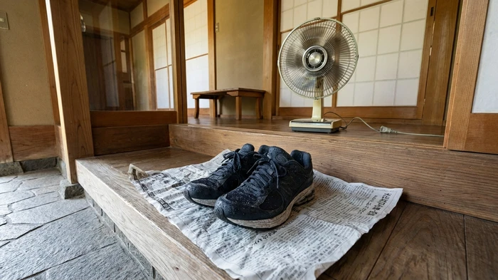 玄関で扇風機の風を濡れた靴に当て、そばに丸めた新聞紙を置いている様子