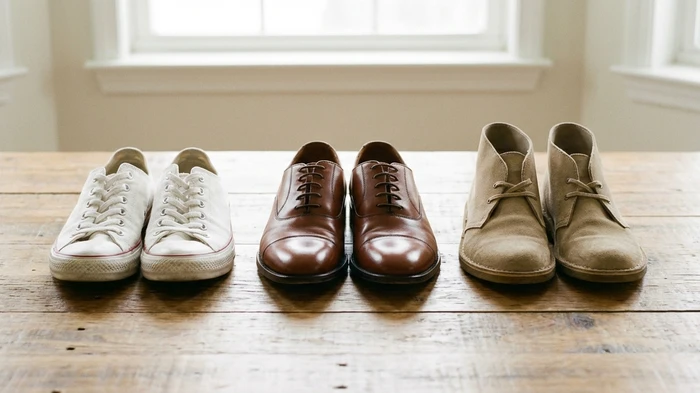 木製のテーブルの上に、キャンバススニーカー、革靴、ムートンブーツが並んで置かれている様子