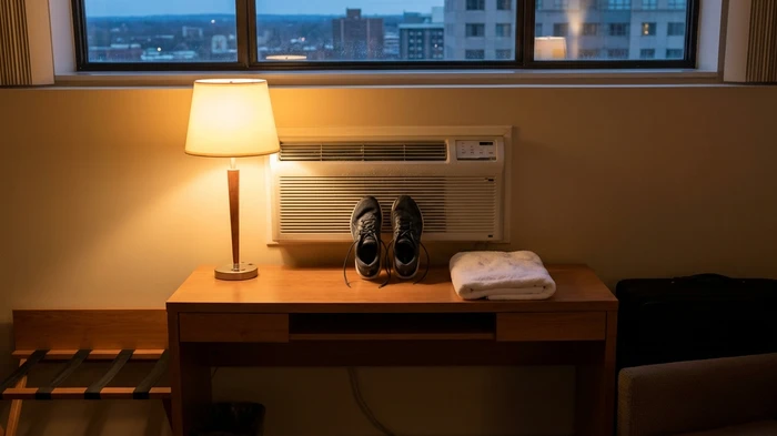 ホテルの部屋で、エアコンの下に濡れた靴を置き、横に使い捨てカイロがある様子