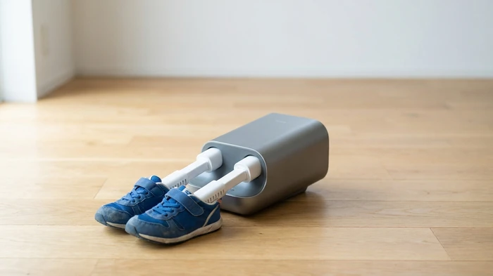 最新の靴乾燥機を使い、子供のスニーカーを乾かしている様子