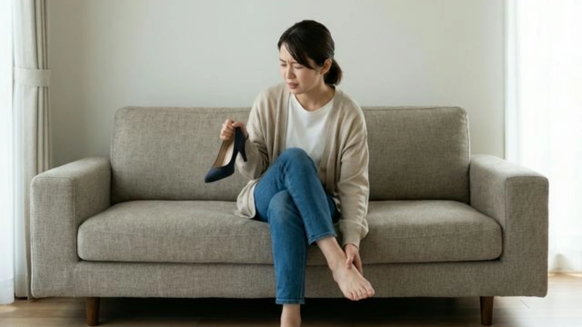 靴を履いて足の爪が痛いと悩む女性