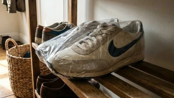スニーカーをシュリンクフィルムで密封保存している様子