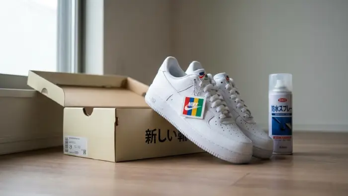 新品の靴とタグ、防水スプレー