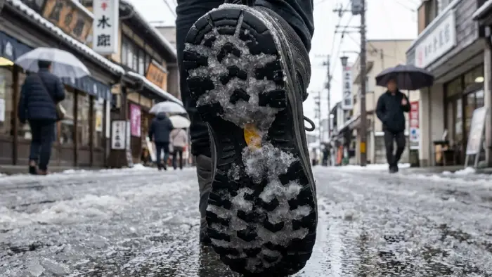 雪道で靴底に雪が詰まる様子