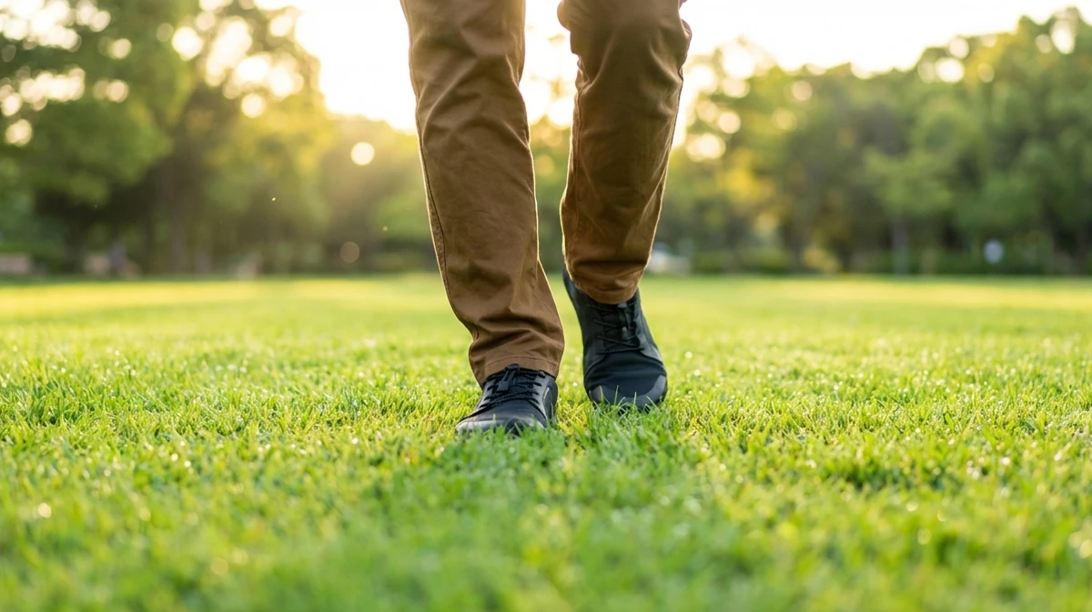 ベアフットシューズを履いて芝生の上を歩く人の足元
