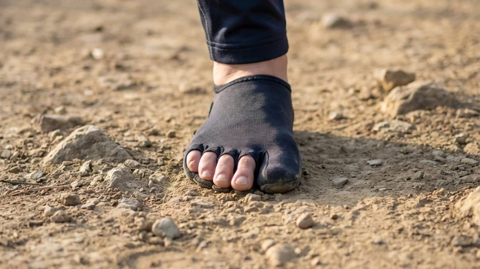 足指を力強く広げて地面を掴む様子。
ベアフットシューズがもたらす足機能の改善をイメージした画像。
