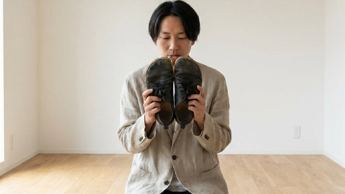 靴を丁寧に洗っている様子。
ベアフットシューズの素材感を大切にするメンテナンス風景。
