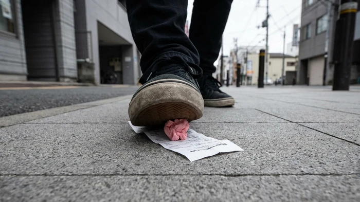 レシートを使って靴底のガムを取る応急処置の様子