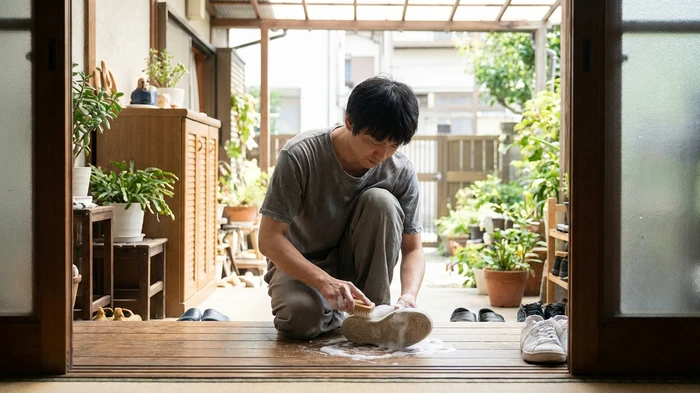 除去作業後の靴底を中性洗剤で洗っている様子