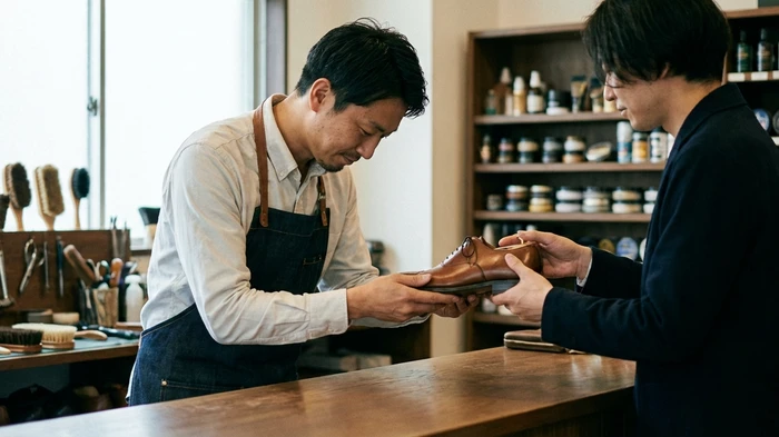 プロのクリーニング業者が靴をメンテナンスしている様子