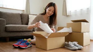 靴クリーニングおすすめ7選｜宅配で届いたきれいになったスニーカーを喜ぶ女性