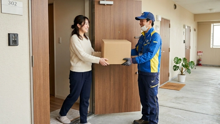 宅配靴クリーニングの利用の流れ｜自宅玄関で宅配員に荷物を渡す女性