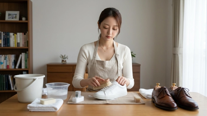 セルフケアとプロクリーニングの使い分け｜自宅でスニーカーをブラッシングする女性