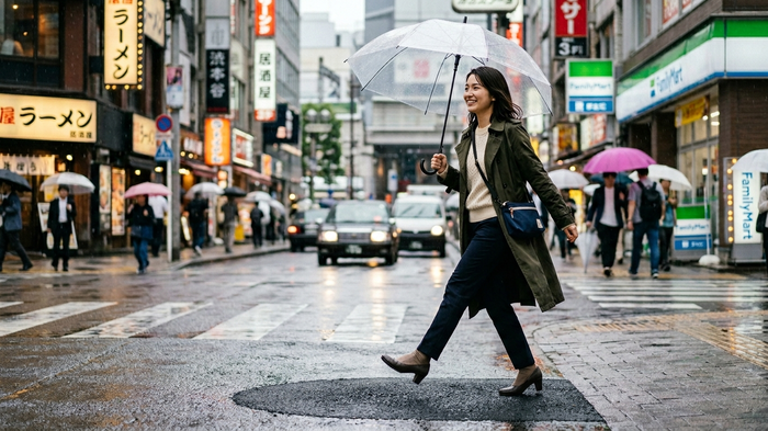 雨の日に革靴で安心して歩く女性