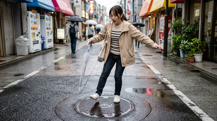 濡れた床で滑りそうになる女性