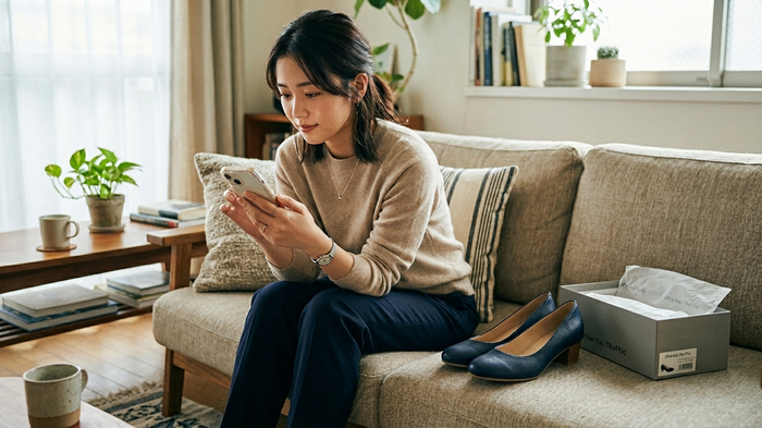 靴修理店でスタッフに相談する女性