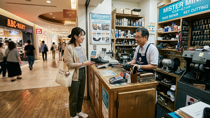 ショッピングモールの靴修理コーナーに立ち寄る女性