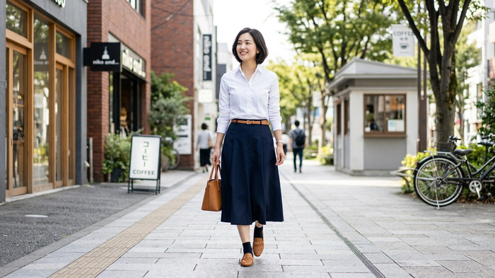 骨格ストレートに似合うレザーローファー×白シャツAラインスカートコーデ