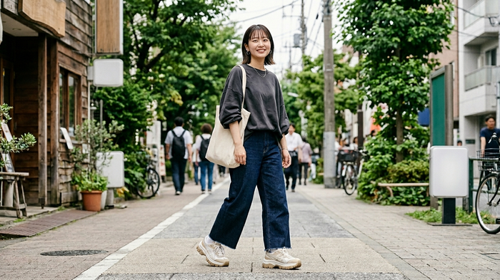 骨格ナチュラルに似合う厚底ローファー×ワイドデニムのカジュアルコーデ