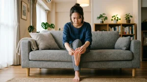 靴を脱いでつま先の痛みを確認する女性