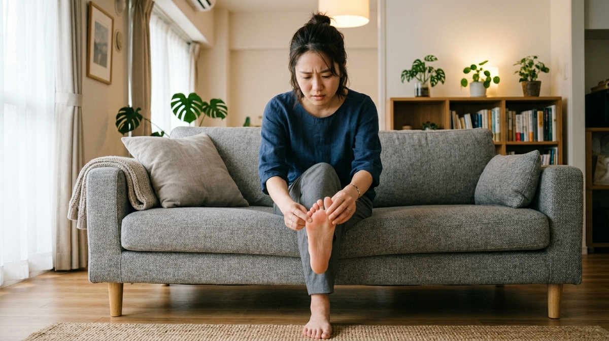 靴を脱いでつま先の痛みを確認する女性
